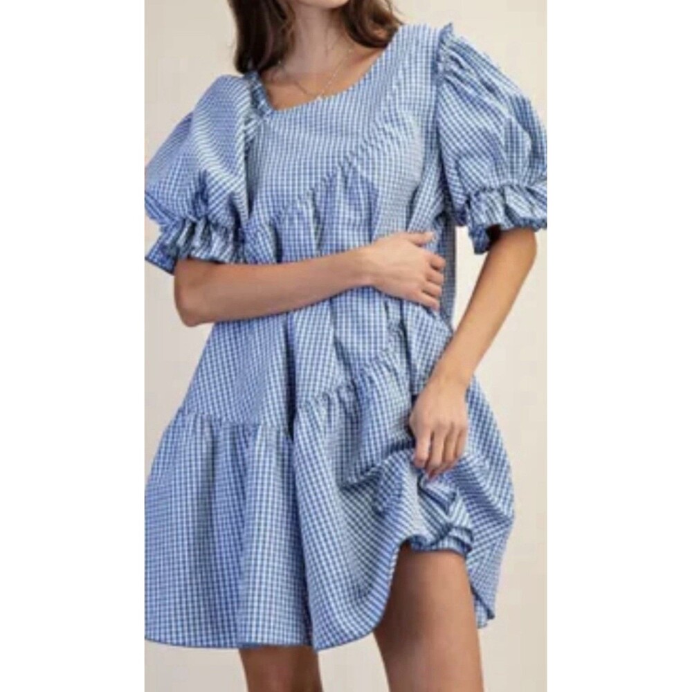Simplee Blue Gingham Asymmetrical Neck Puff Sleeve Ruffle Hem Smock Dress S